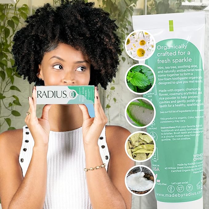 RADIUS Toothpaste, Mint Aloe Neem, 3 oz, USDA Organic Non-Toxic Chemical-Free Gluten-Free, Designed to Improve Gum Health & Prevent Cavities, Pack of 1