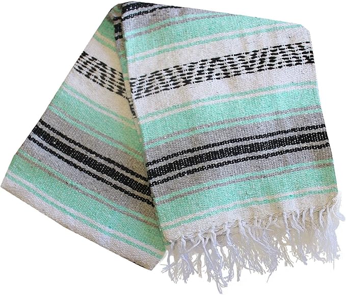Del Mex Classic Mexican Blanket, Large Authentic Woven Falsa Throw (70"x50"), Artisan Southwest Décor for Beach, Yoga, Outdoors (Mint/Gray)