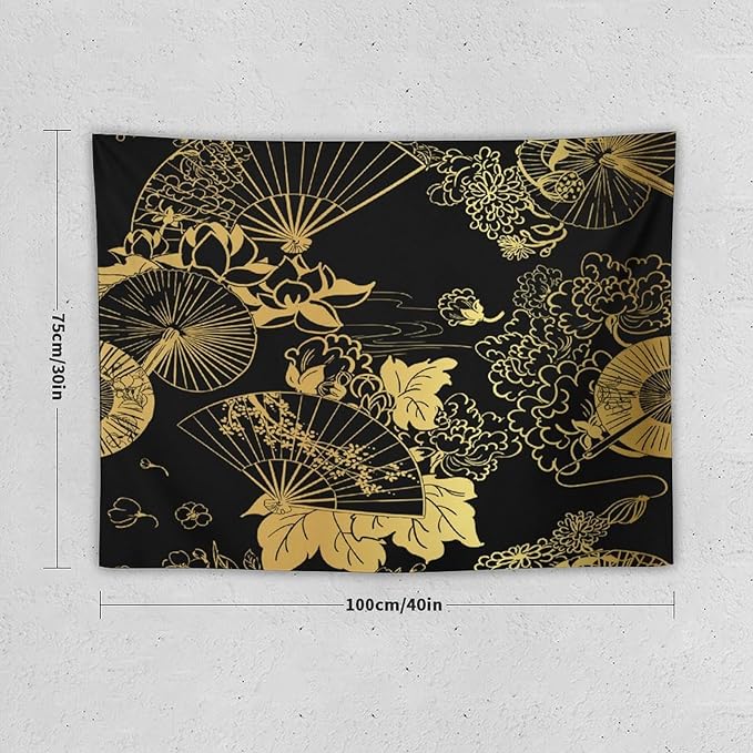 HZOHNAGO Japanese Tapestry Gold Flowers Umbrella Fan Pattern Printed Wall Tapestry Painting Wall Hanging for Bedroom Living Room Dorm 40" W x 30" H