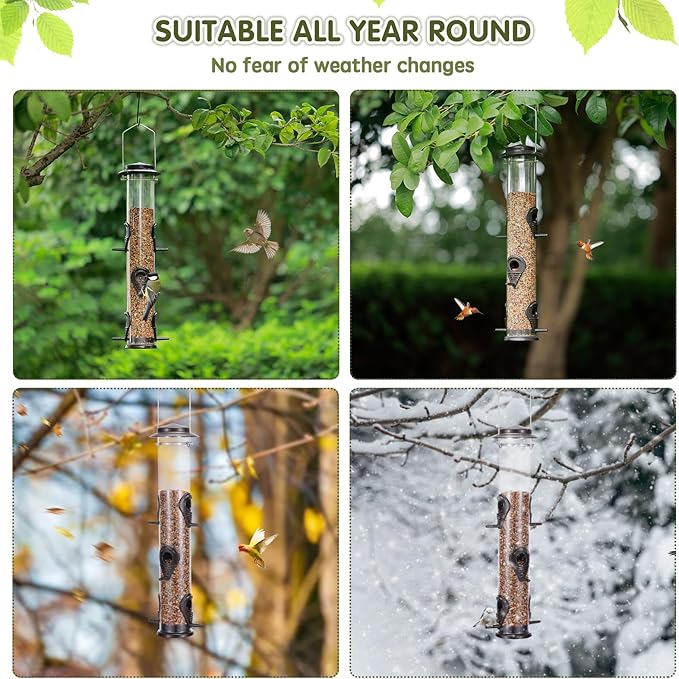 MIXXIDEA 2PK Metal Wild Bird Feeder Squirrel Proof Bird Feeders for Outside Hanging 6 Port Tube Bird Feeder Transparent Finch Feeder with Steel Hanger (Coffee)