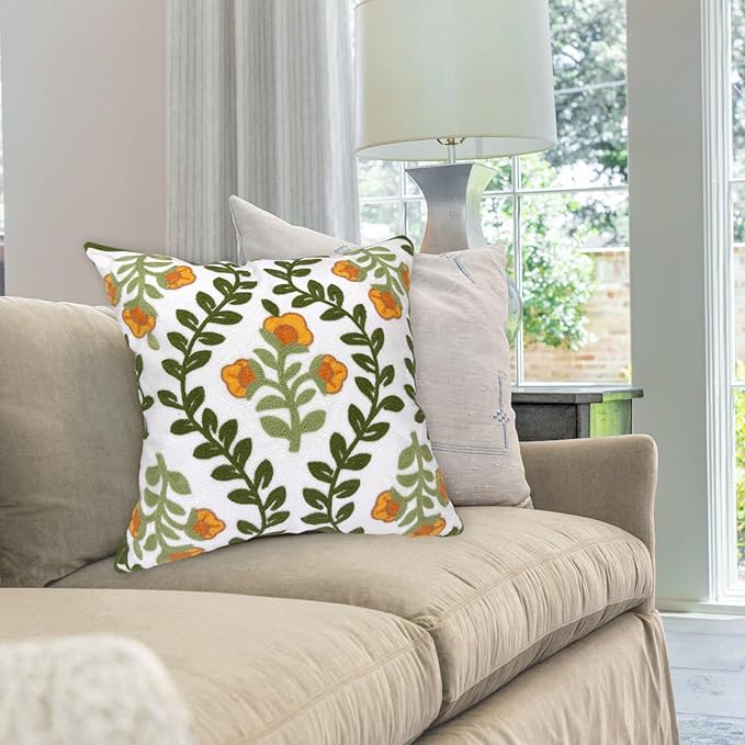 Alysheer Floral Embroidered Summer Decorative Throw Pillow Covers 18"x 18" Set of 2, Farmhouse Cottage Orange Flowers Green Leaves Knit Patterned Cotton Canvas Cushion Case for Couch Bed Living Room