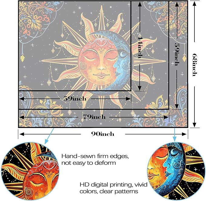 Lunerfex Sun and Moon Tapestry Mandala Wall Tapestry, Cute Tapestries for Bedroom Ceiling Tapestries Wall Hanging for Bedroom Living Room Decor Sun-1 70"x90"