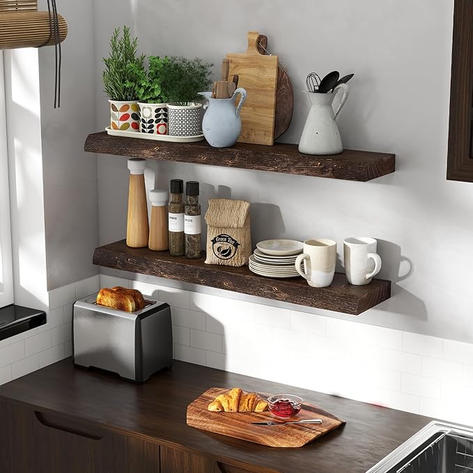 Solid Elm Wood Floating Shelves, 36 Inch Wood Floating Shelves for Wall, Live Edge Wooden Shelves Wall Mounted for Books, Bathroom, Kitchen, Walnut Color, Set of 2