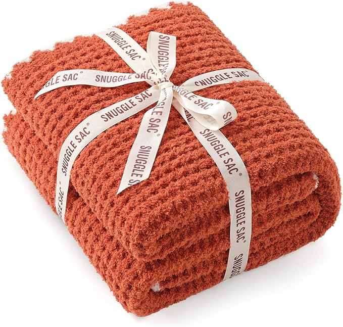 Snuggle Sac Orange Waffle Blanket for Couch Bed Sofa 60x80 inches, Reversible Soft Throw Microfiber Fluffy Fuzzy Cozy Knit Twin Blanket for Women Mothers Birthday Gifts