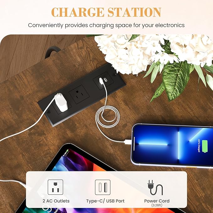 Apicizon Farmhouse End Table with Charging Station and Storage