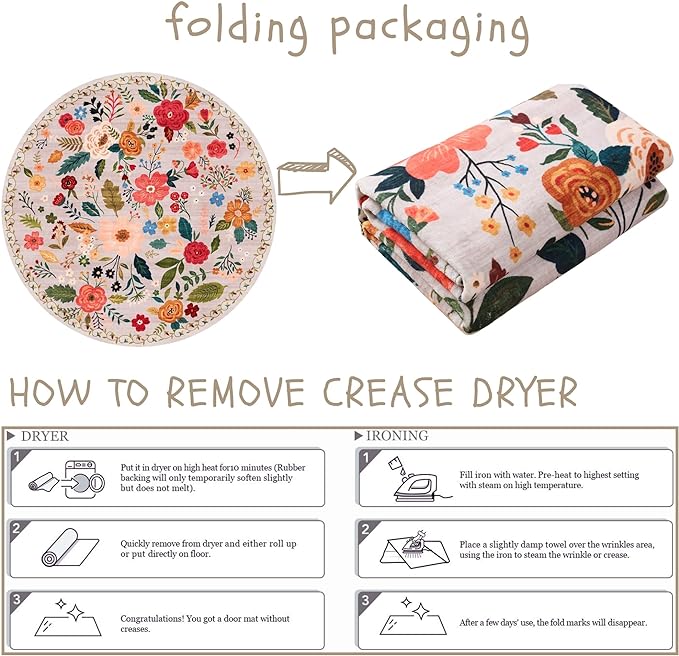 Round Rug 4ft Washable Circle Rug Non Slip Low Pile Boho Floral Small Circular Rug for Bedroom, Bathroom, Entryway, Kids Room, Office, College Dorm(Beige)