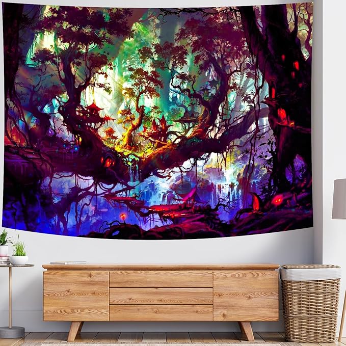 Delur Fantasy Forest Tapestry Mystical Landscape Magical Enchanted Forest Tree Nature Tapestry Psychedelic Wall Hanging Headboard for Bedroom Living Room Home Decor (59.1" x 78.7")