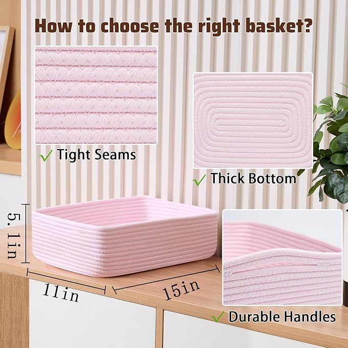 Large Shallow Organizing Baskets 15x11x5.1 Inches - Rope Woven Storage Bins for Bathroom, Shelves, Cube Closet, Light Pink 2 Packs