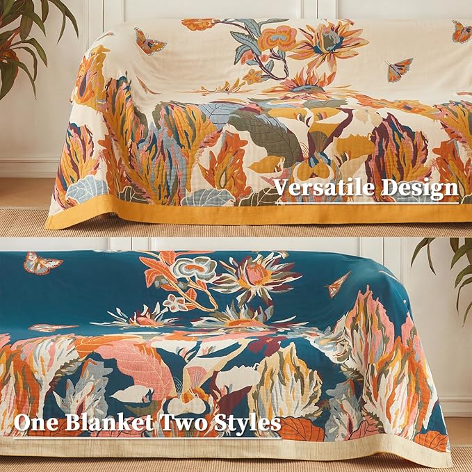 King Size Blanket for Bed Ultra Cozy Rustic Blanket Floral Pattern Large Throw Blanket Cotton Farmhouse Decor Sofa Cover Bed Decoration (90"x98",02-Colorful Flowers)