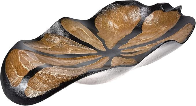 AeraVida Nature Inspired Handcarved Curvy Leaf Shaped 2-Tone Stained Wooden Serving Bowl or Dish for Tropical Chic Home Décor & Kitchen Accessories