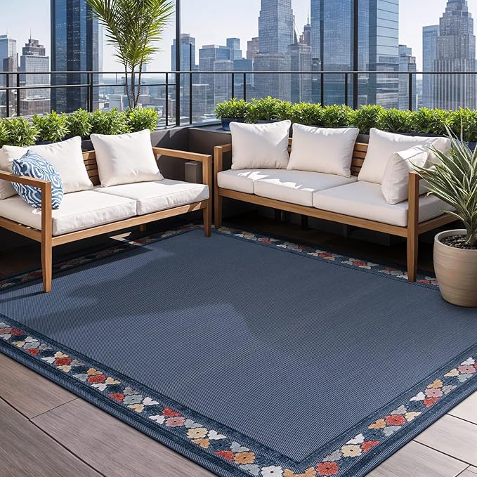 Beverly Rug Outdoor Rug 6x9 Modern Bordered Area Rugs for Indoor and Outdoor Patio Easy to Clean Non Shedding Living Room Porch Garden Washable Outside Carpet (6 x 9 Blue)