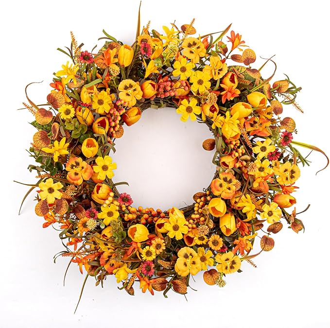 22 Inches Fall Wreaths for Front Door Rustic Autumn Wreath Farmhouse Fall Floral Wreaths with Tulips Orange Wildflowers for Wall Window Porch Indoor Outside