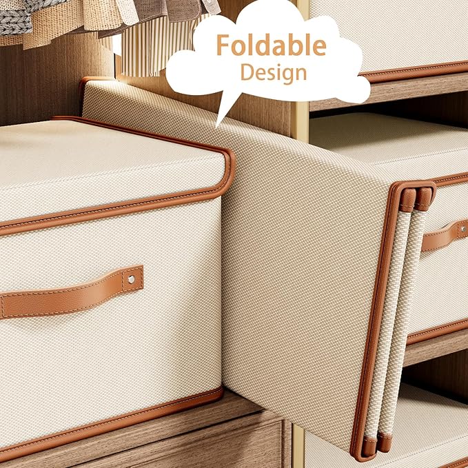 Tuza 4 Pack Storage Bins with Lids, Collapsible Closet Organizer Container, Fabric Organizer Box with Handles, Decorative Storage Boxes with Lids for Organizing Clothes, Blanket, White, Extra Large
