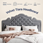 Allewie Queen Size Bed Frame with Adjustable Velvet Tiara Headboard, Upholstered Diamond Button Tufted Platform Bed, Wood Slats Support, No Box Spring Needed, Light Grey