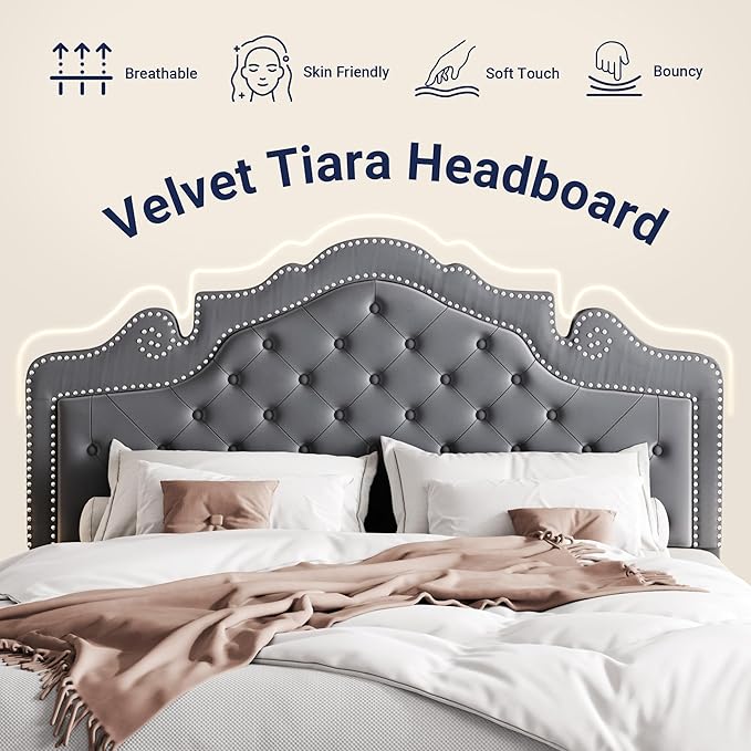 Allewie Full Size Bed Frame with Adjustable Velvet Tiara Headboard, Upholstered Diamond Button Tufted Platform Bed, Wood Slats Support, No Box Spring Needed, Light Grey