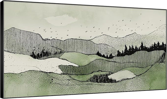 SIGNWIN 36"x60" Extra Large Framed Wall Art Green Line Art Mountain Landscape Illustration for Home Living Room Bedroom Decor (Frame Assembly Required)