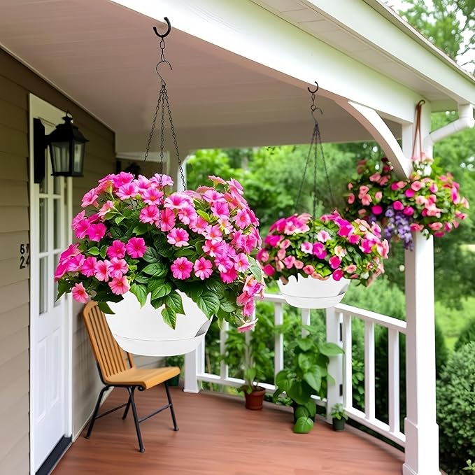 2 Pack 12 Inch Large Hanging Planters with Chains Self Watering White Plastic Hanging Pots for Indoor Outdoor Plants, Garden Porch Home Decor，White