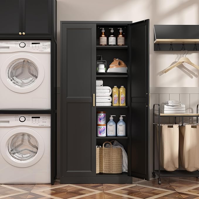 Kitchen Pantry Cabinet,71”Black Metal Pantry Storage Cabinet with Doors and 4 Adjustable Shelves,Kitchen Cabinet with 2 Gold Handles,Tall Cabinet for Livingroom,Pantry, Bathroom
