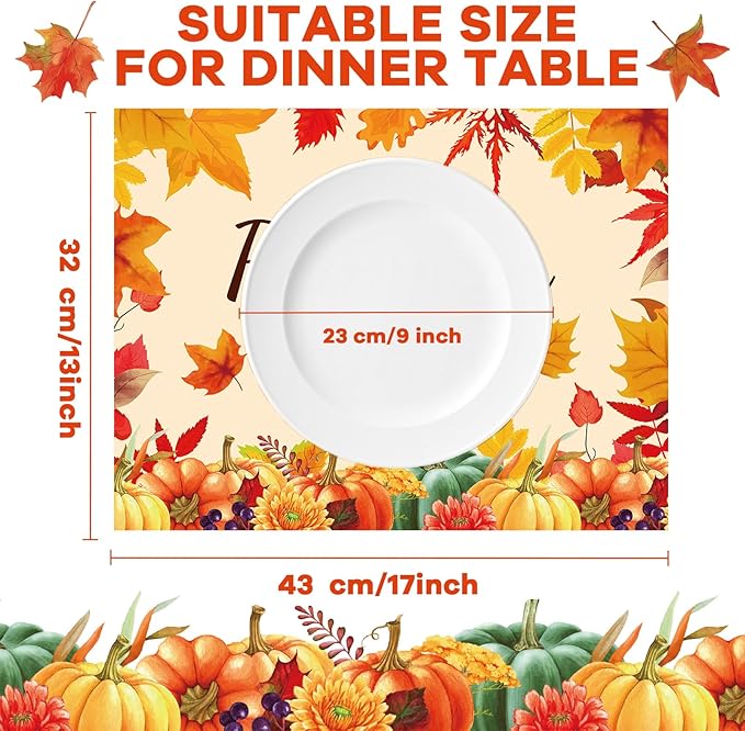 Thanksgiving Placemats Set of 6 Fall Plastic Table Mats Thanksgiving Day Place Mat Autumn Harvest Place Mats Washable Rustic Pumpkins Table Decoration for Indoor Outdoor Party Kitchen Dining