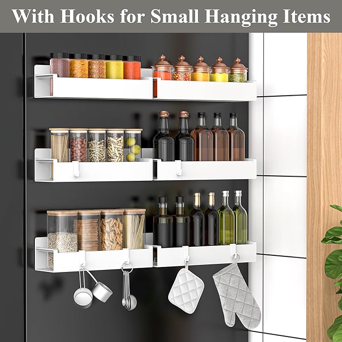 6 Pack Magnetic Spice Rack Organizer for Refrigerator and Oven, White Fridge Organizers and Storage for Kitchen