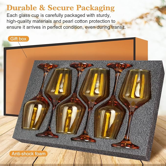 Amber Wine Glasses Set of 6-12oz Amber Long Stem Wine Glass Cups, Pretty Crystal Glassware, Hand Blown Goblets Drinkware, Unique Drinking Stemware Holiday Gift Set