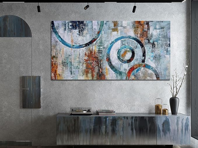 Arjun Abstract Wall Art Geometric Canvas Circle Block Painting Modern Grey Brown Picture, Large Size Simple Artwork Ready to Hang Framed for Bedroom Living Room Bathroom Home Office Wall Décor 40"x20"