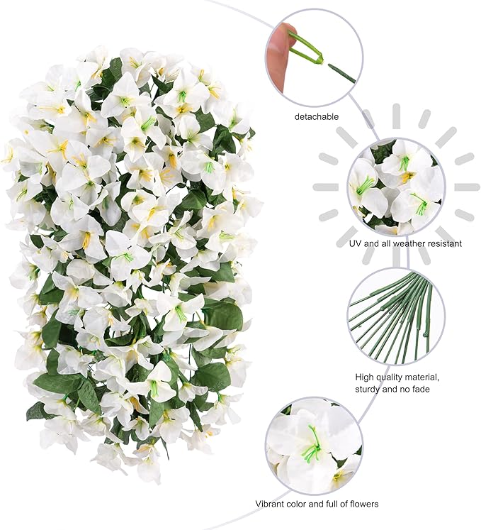 Faux Bougainvillea Artificial Flowers Plants for Outdoors Outside Decoration, 2 PCS White Fake Flowers UV Resistant Look Real Silk Long Trailing Vines for Front Door Porch Planter Patio Garden Yard