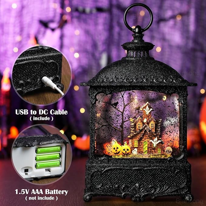 Halloween Snow Globe Lantern Ghost Snow Globe Halloween Decorations for Home Haunted House Pumpkin Ghost Tree Crow Rip Dancing Bats with Timer, USB and Battery Powered 12 inch