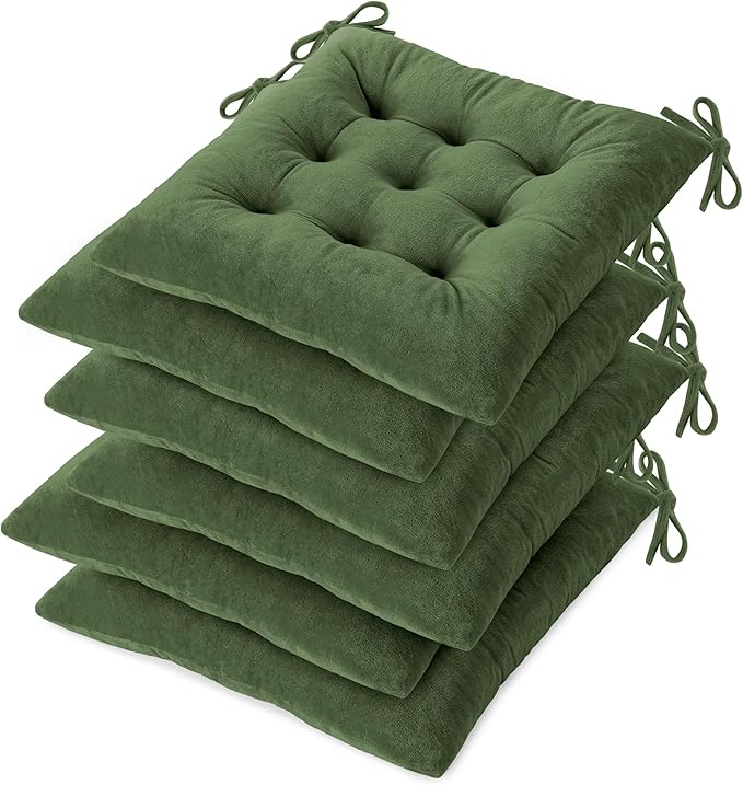 OVOV Chair Cushions for Dining Chairs Set of 6 Tufted Indoor Chair Pads with Ties Soft Square Seat Cushions for Kitchen Chairs 15.5"x15.5",Green