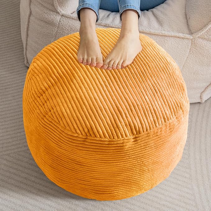 HIGOGOGO Round Stuffed Pouf Ottoman, Corduroy Poufs with Foam Chunk Filling, Furry and Fluffy Pouf Foot Stool Storage Ottoman, 20 X 15 Floor Poufs Foot Rest for Living Room, Orange