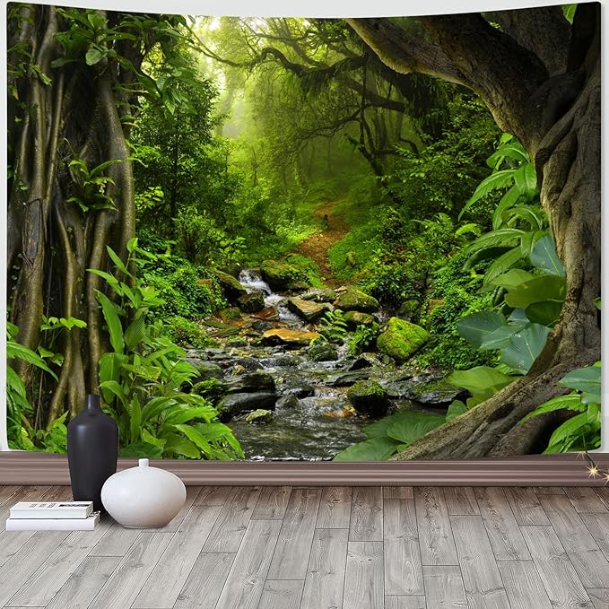 AMM Green Rainforest Tapestry Nature Forest Tapestry for Bedroom Aesthetic Misty Tropical Jungle Trees Flowing Stream Landscape Tapestries Wall Hanging for Living Room Dorm 80 x 60 Inch