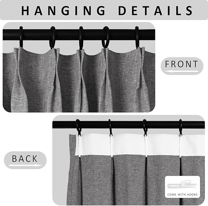 Macochico 52”Wx96”L 100% Blackout Curtains for Bedroom Living Room Nursery Gray Pinch Pleated Linen Curtains Farmhouse Burlap Drapes Thermal Window Panels with Hooks and Tieback 1 Panel