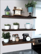 Wood Floating Shelves for Wall Decor, Rustic Wall Shelves for Bedroom Bathroom Kitchen Living Room, Set of 4 Walnut 24 Inch