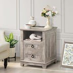 18" Farmhouse Night Stands Set of 2 with Charging Station, 2 Drawers End Table Dresser for Bedroom, Oak Wooden Nightstand, Bed Side Table with Open Shelf, Bedside Cabinet for Living Room
