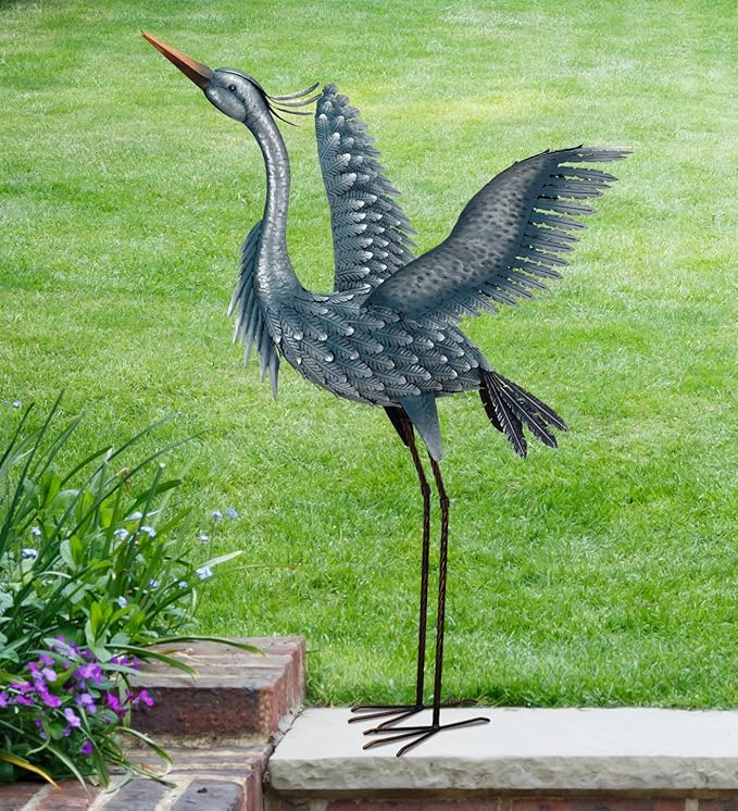 Regal Art & Gift Outdoor Garden Décor, Unique Bird Sculpture, Rustic Metal Bird Statues, Garden Ornaments, Bird Figurine for Lawn, Decorative Sculpture, Heron, Blue, Wings Up, 47"height