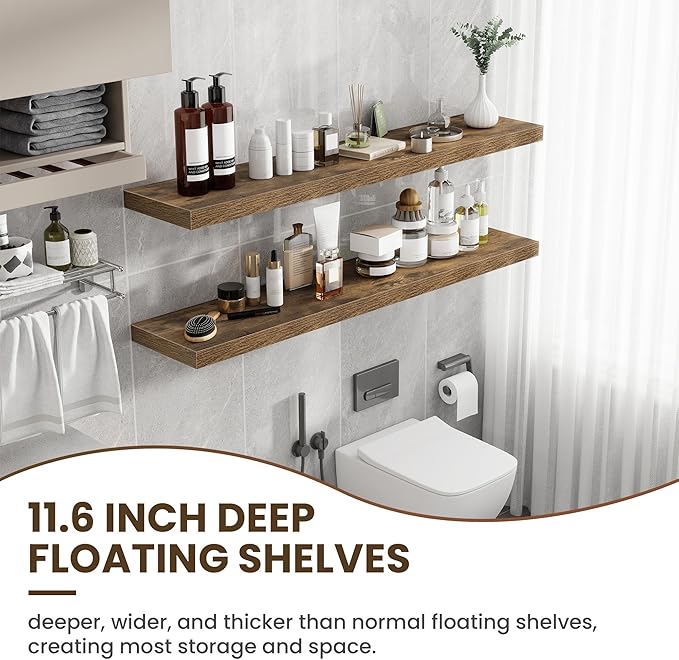 55 Inch Floating Shelves, 12 Inch Deep Floating Shelves for Wall, Floating Shelf with Invisible Brackets, Deep Shelves for Bathroom, Bedroom, Living Room, 1 Pack, Brown