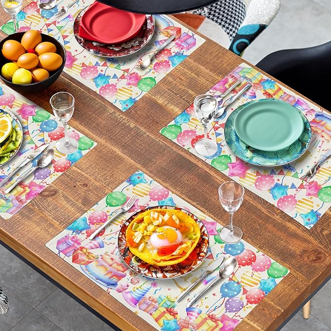 Happy Birthday Placemats Set of 4 Colorful Balloons Confetti Cake Linen Table Mats 12x18 Inch Birthday Party Place Mats for Kitchen Dining Outdoor Indoor Decorations