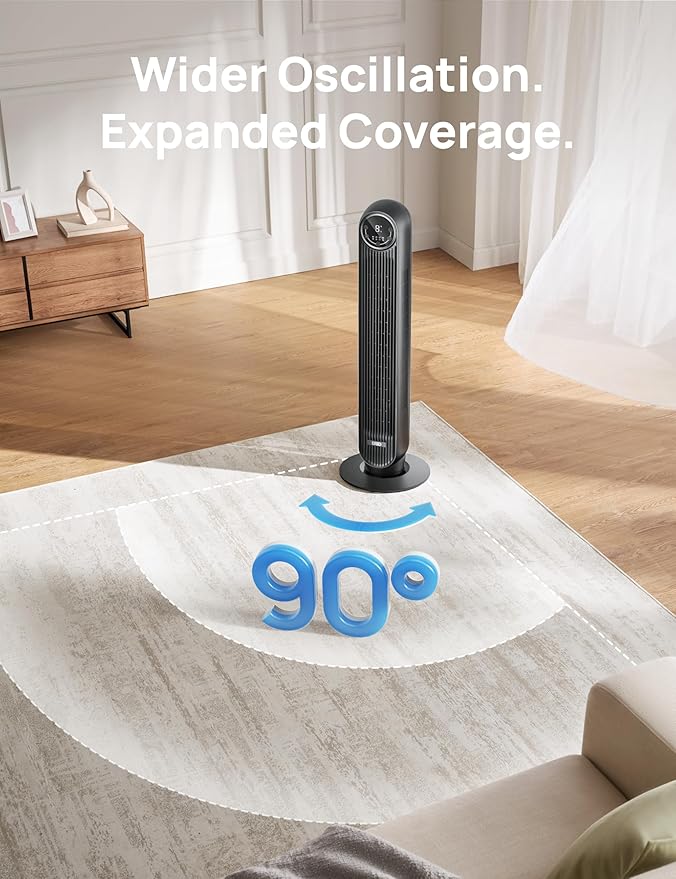 Dreo Tower Fan for Bedroom, 25ft/s Velocity Quiet Floor Fan, 90° Oscillating Fans for Indoors with 4 Speeds, 4 Modes, 8H Timer, Standing Fans, Bladeless Fan, Black, Nomad One (DR-HTF007)