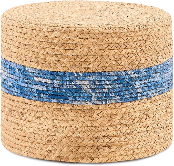 Handwoven Water Hyacinth Ottoman Pouf, Round Outdoor Footstool with Sturdy Frame, No Assembly Needed, Boho Accent Stool for Indoor & Outdoor Use – Patio, Balcony, Living Room (Blue)