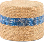 Handwoven Water Hyacinth Ottoman Pouf, Round Outdoor Footstool with Sturdy Frame, No Assembly Needed, Boho Accent Stool for Indoor & Outdoor Use – Patio, Balcony, Living Room (Blue)