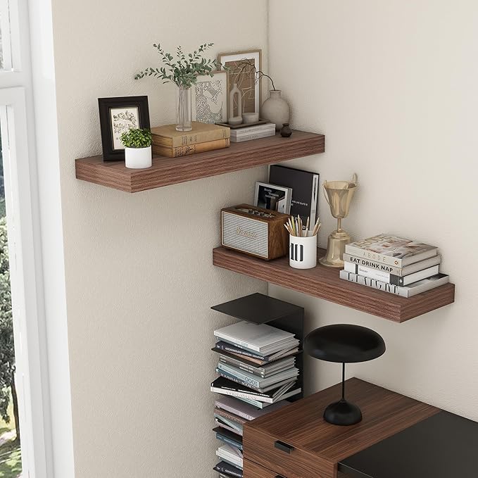 Deep Floating Shelves for Wall, 36'' x 12'' Rustic Large Floating Shelves Set of 2, 12 Inch Deep Walnut Wood Wall Shelves for Living Room Bathroom Laundry Room Bedroom Kitchen Home Office - Walnut