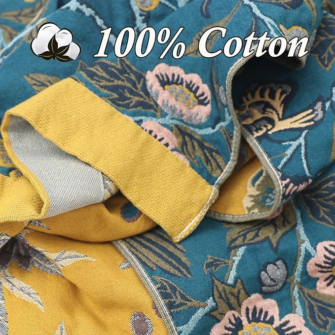 Snycler Boho Throw Blanket for Bed - 100% Cotton Ultra Soft Rustic Quilt Blanket Green Bird Floral Printed Farmhouse Decor Bed Blankets, 60"×80" All Season Rustic Throw for Sofa Couch Chair