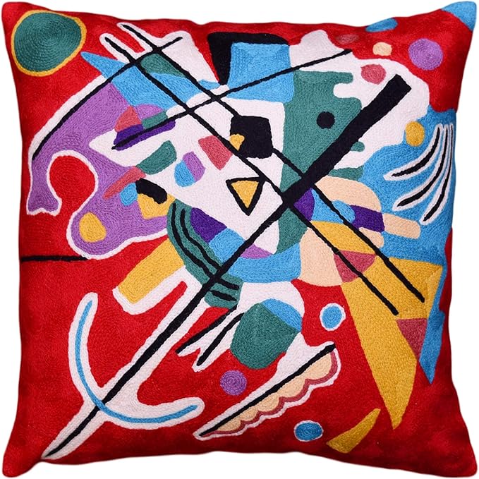 Kandinsky Modern Couch Pillow Cover - Red Painting | Abstract Toss Pillow | Modern Chair Cushion| Contemporary Pillow | Mid Century Chair Cushion | Hand Embroidered Pillow | Wool Size 18x18