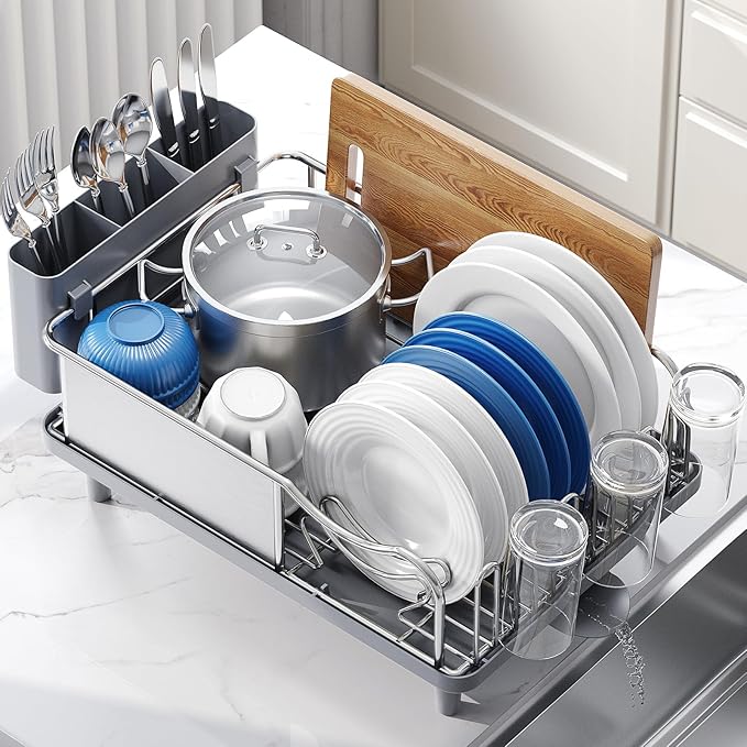 Stainless Steel Dish Drying Rack - Large Capcity 304 Grade Dish Drainer for Kitchen Counter with Drain Board, Utensil Holder & Detachable Cup Shelf, Rustproof Multifunctional Organizer