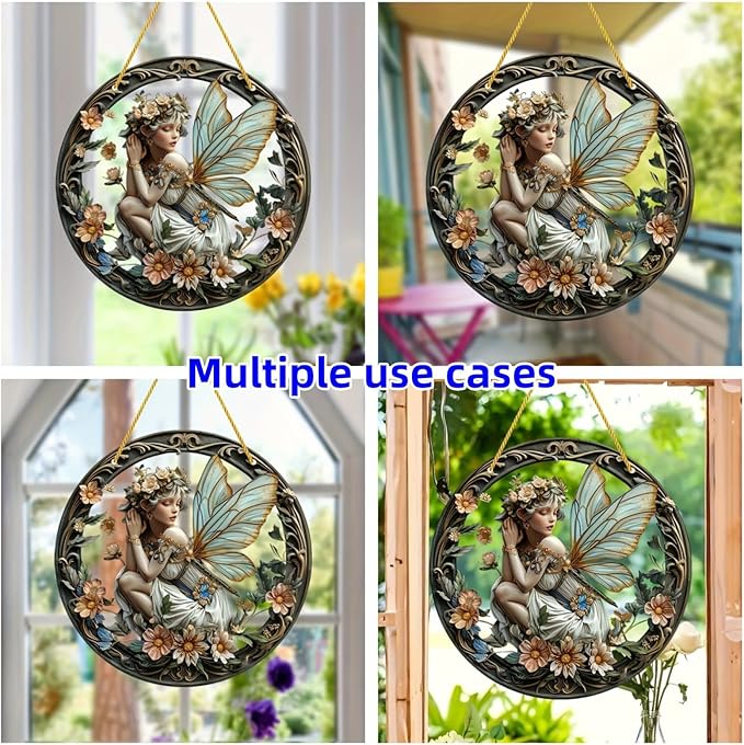 Flower Fairy Garden Decorations Angel Wing Christmas Halloween Deco Statue Art Elf Sculpture Hanging Craft for Outdoor Yard Courtyard Lawn Patio Window Acrylic Ornament Home Gift (A,L: 8*8 IN)