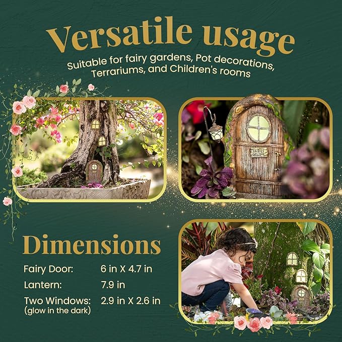 Fairy Door and Windows – Glow in The Dark Yard Art Sculpture Decoration for Kids Room, Wall and Trees Outdoor | Miniature Garden Outdoor Decor Accessories with Bonus Fairy Lantern