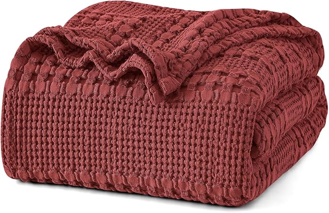 PHF 100% Cotton Waffle Weave Blanket King Size, Soft Lightweight Breathable Cozy Summer Blankets for Bed, Luxury Aesthetic Woven Bedding for Home Decor, 108"x90", Wine Red