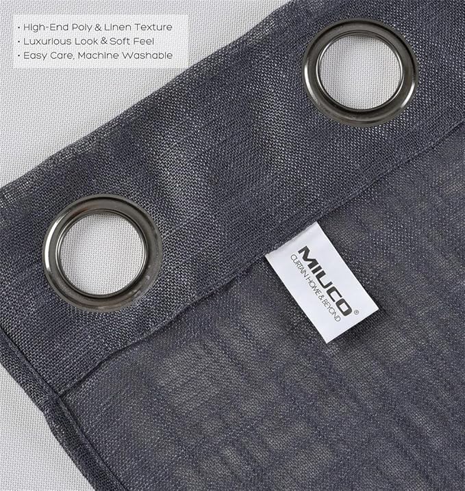 MIUCO Semi Sheer Curtains Poly Linen Textured Solid Grommet Curtains 63 Inches Long for Living Room 2 Panels (2 x 37 Wide x 63" Long) Charcoal Grey