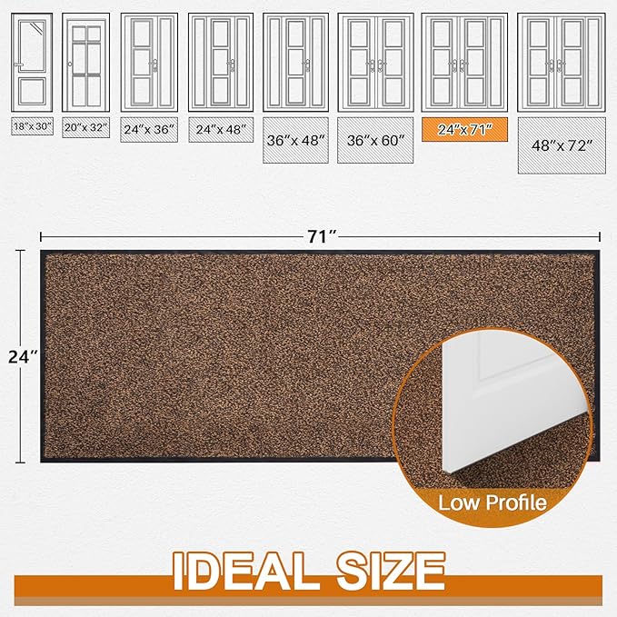 Mibao Front Door Mat, Dirt Trapper Welcome Mat for Outdoor Indoor, Non-Slip Waterproof Doormat, Durable Machine Washable Low Profile Entry Rug for Back Door Outside Patio Porch, 72" x 24", Brown