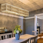 IKK Modern Rectangle Chandelier for Dining Room, Crystal Chandeliers with Stainless Steel in Chrome, Large Rectangular Pendant Light for Kitchen Island L40 x W6.7 x H6.3